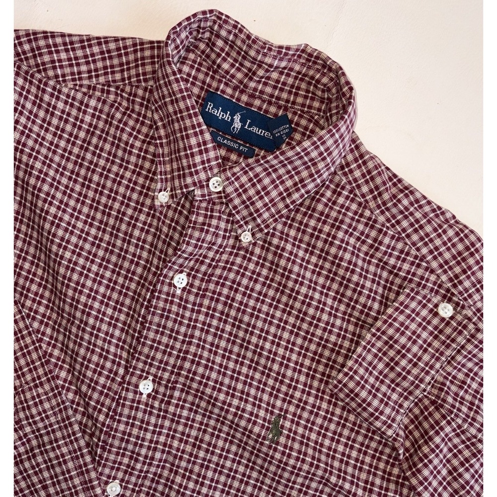 polo ralph lauren plaid button down Mens 15.5 Medium Dark Red Classic Fit